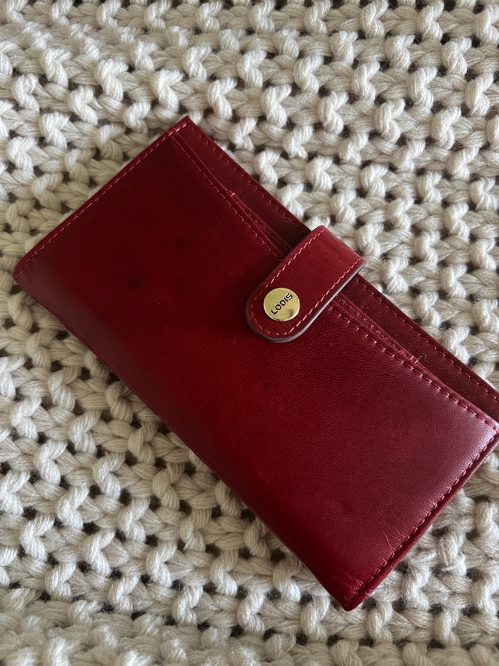 Lodis Burgundy Red Leather Snap Wallet with Gold-Tone Logo